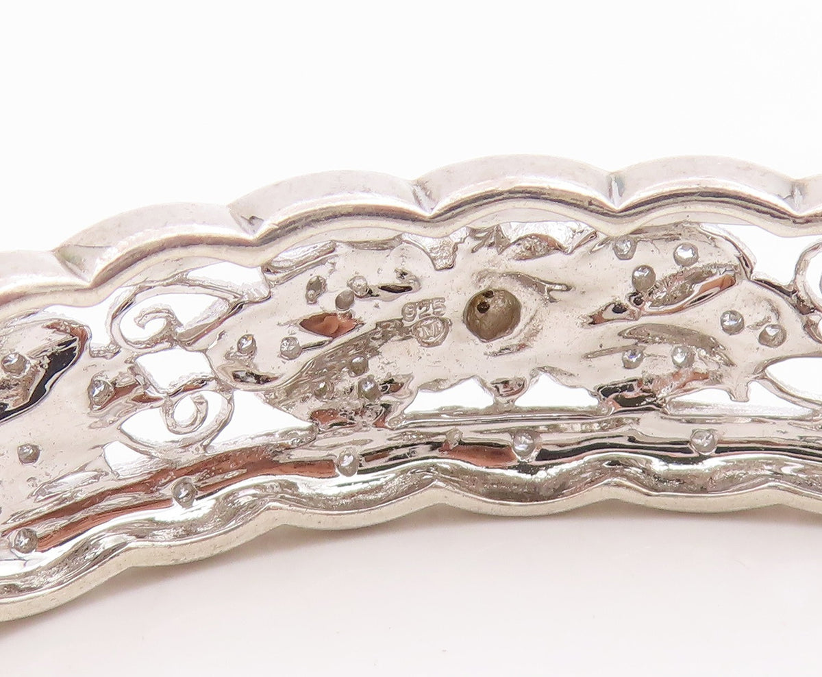 925 Sterling Silver Vintage Bracelet Real Diamonds Floral Rose Bangle  BT11998