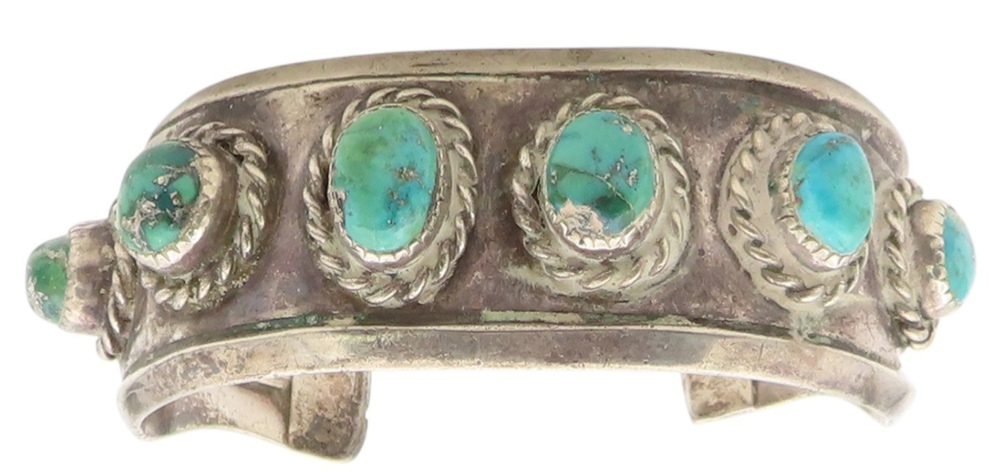925 Sterling Silver Vintage Bracelet NAVAJO Turquoise Rope Border Cuff  BT12106