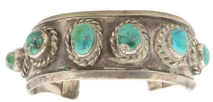 925 Sterling Silver Vintage Bracelet NAVAJO Turquoise Rope Border Cuff  BT12106
