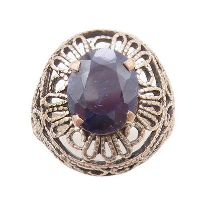 925 Sterling Silver Vintage Ring Floral Cutout Oval Sapphire  Sz 8  RG30204