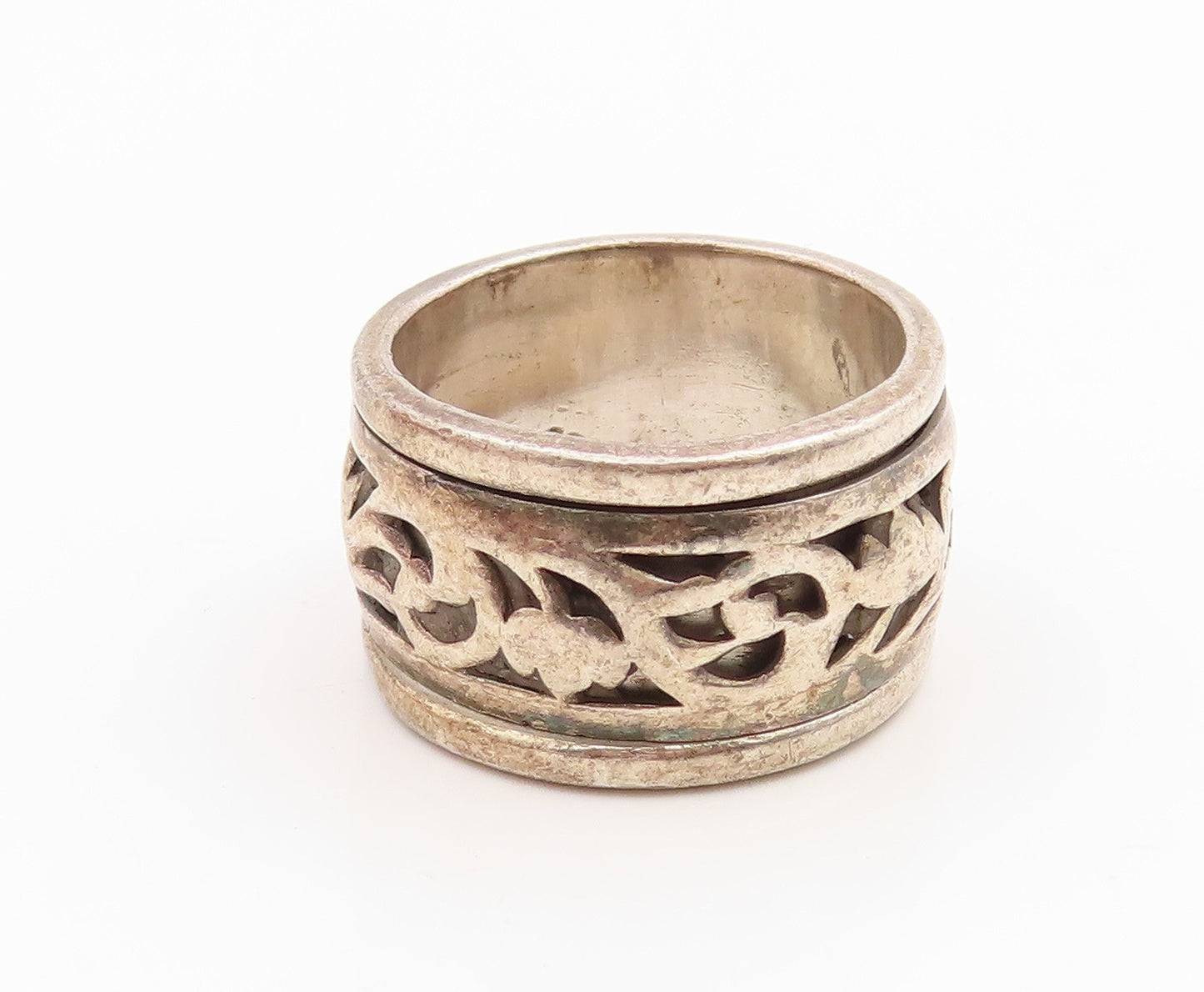925 Sterling Silver Vintage Ring Floral Leaf Scroll Spinner Band  Sz 9  RG35899