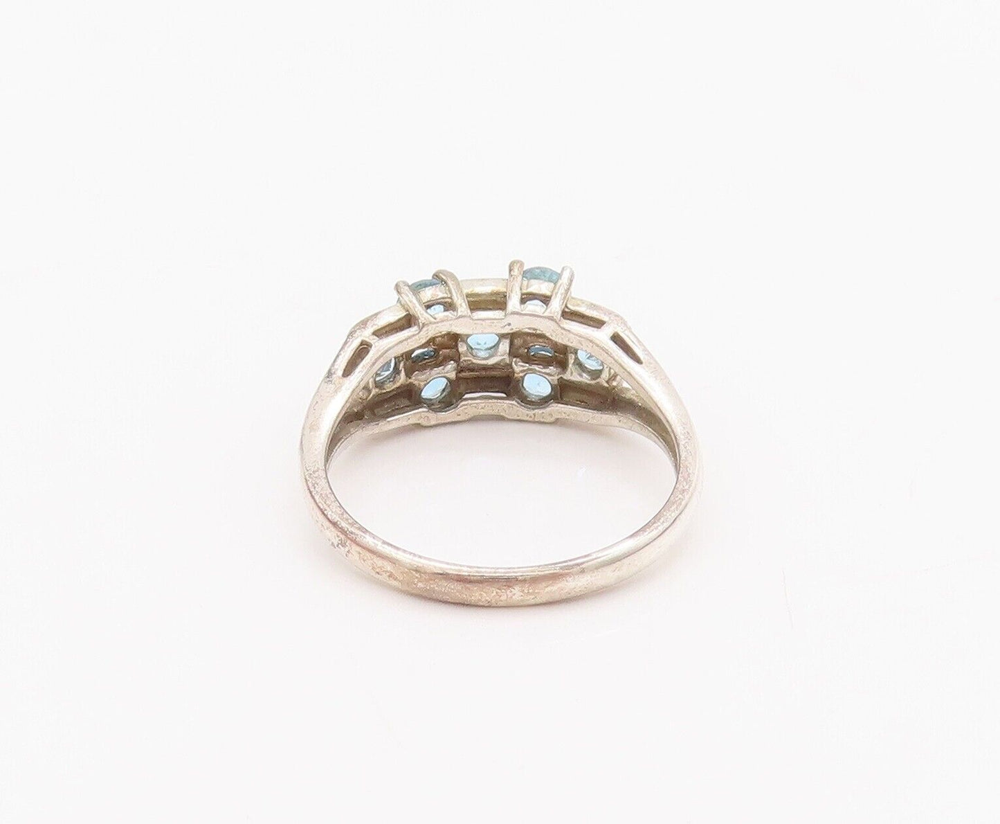 925 Sterling Silver Vintage Ring Carved Blue Round Cut CZ Beaded  Sz 8  RG28292