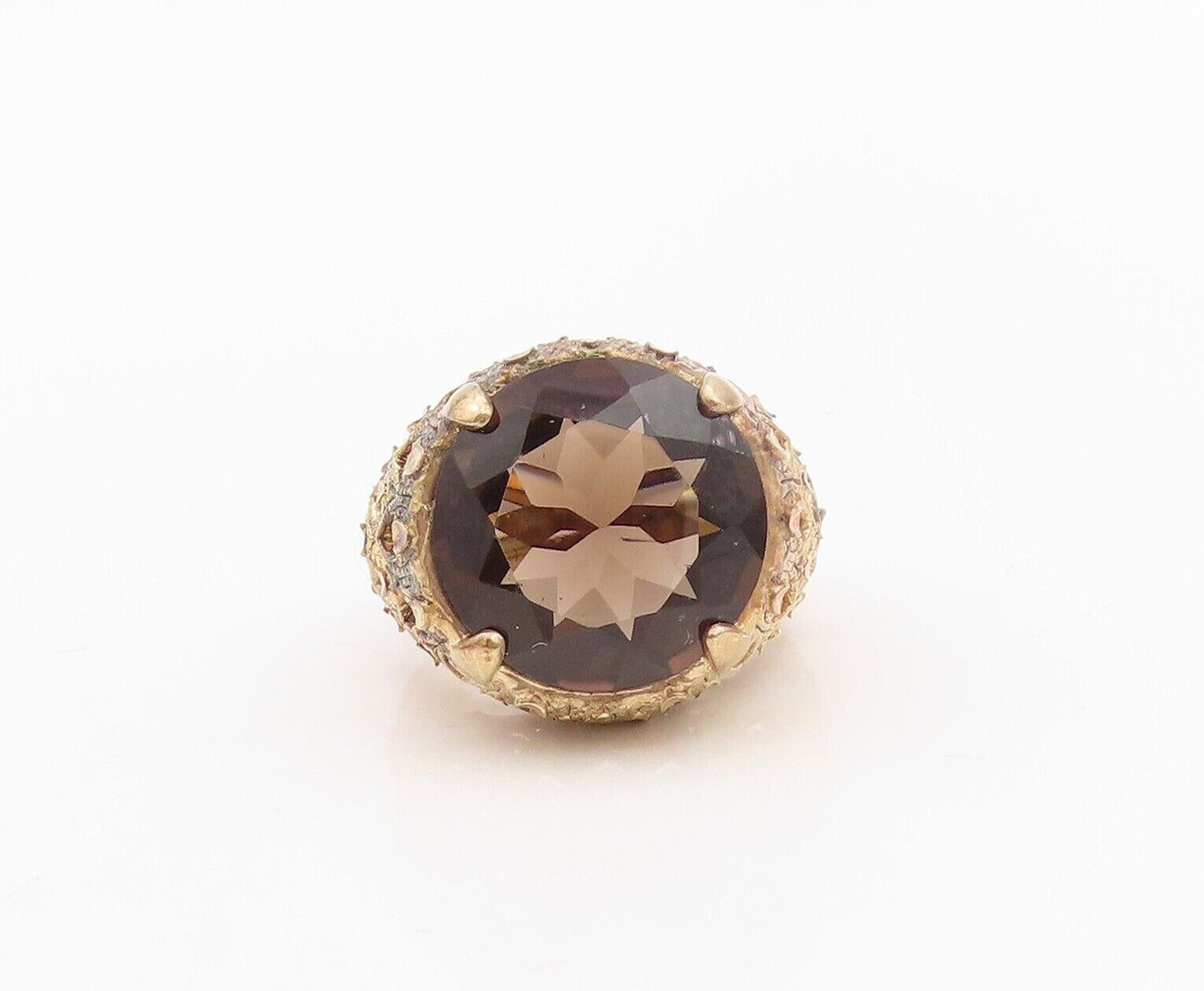 925 Sterling Silver Vintage Ring Gold Plate Carved Smoky Quartz  Sz 7  RG30158