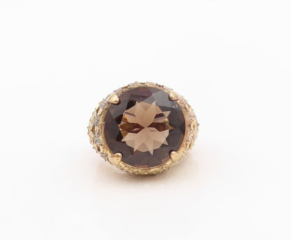 925 Sterling Silver Vintage Ring Gold Plate Carved Smoky Quartz  Sz 7  RG30158