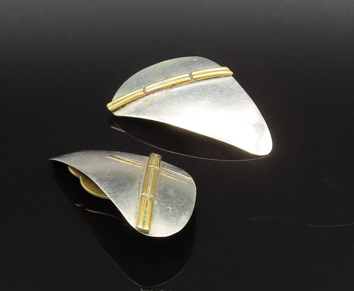 925 Silver  Vintage Two Tone Triangle Abstract Clip Back Earrings  EG12163
