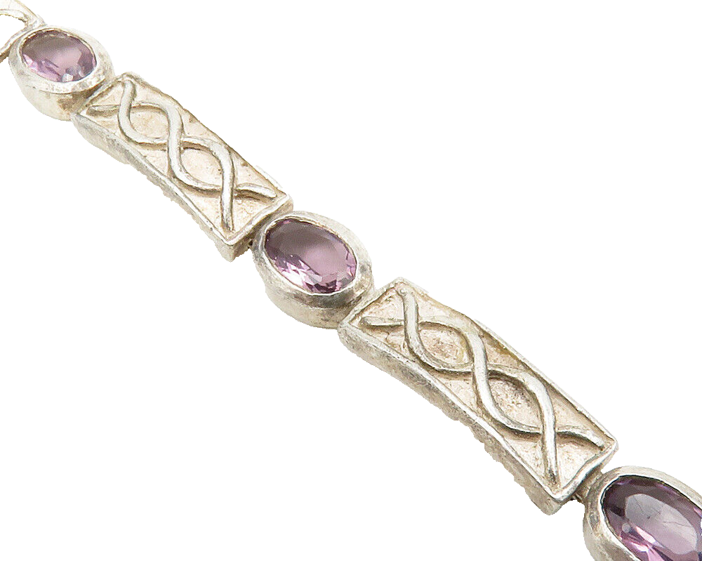 IRELAND 925 Sterling Silver Vintage Amethyst Twist Bar Chain Bracelet BT5136