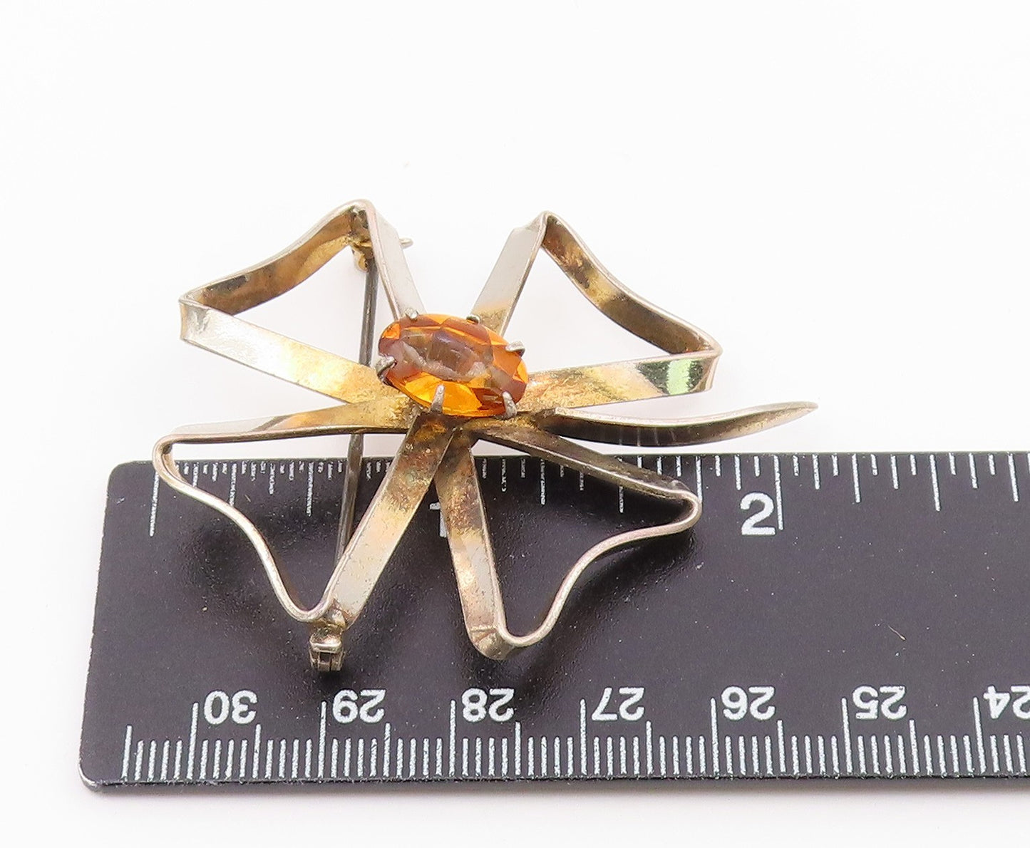 925 Sterling Silver  Vintage Citrine Ribbon Flower Shiny Brooch Pin  BP4975