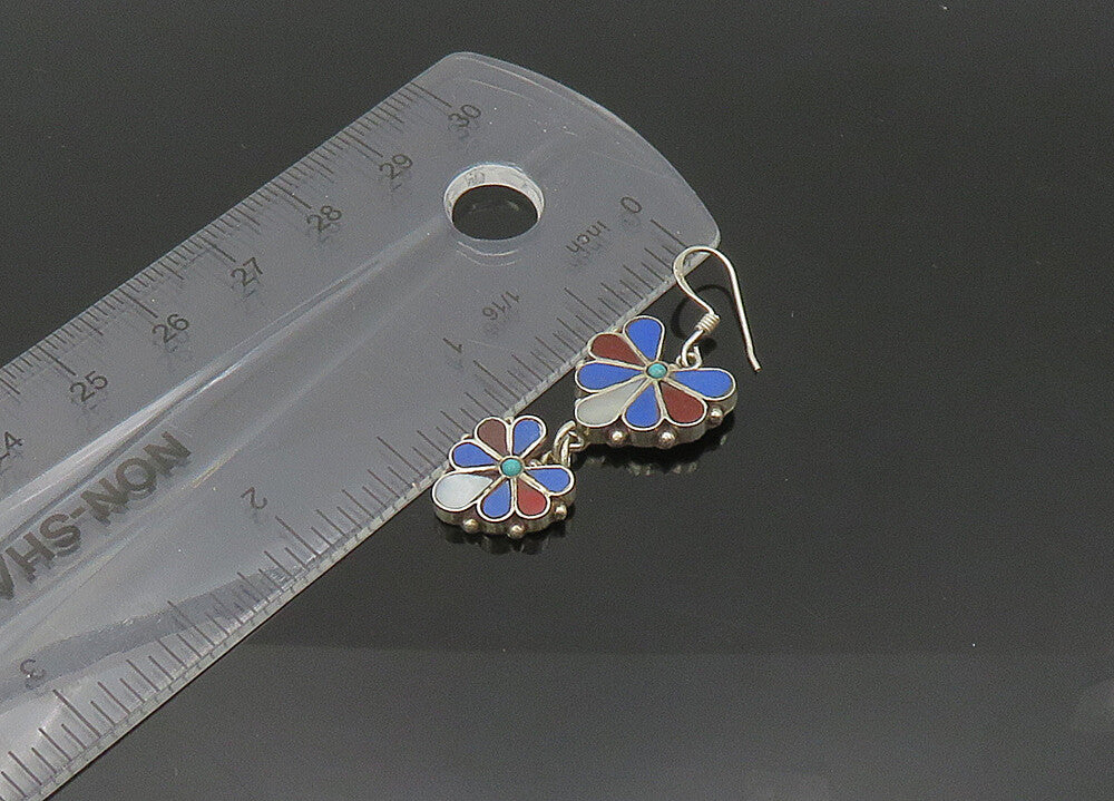 925 Silver Vintage Mother Of Pearl & Multi Stone Dangle Earrings EG10762