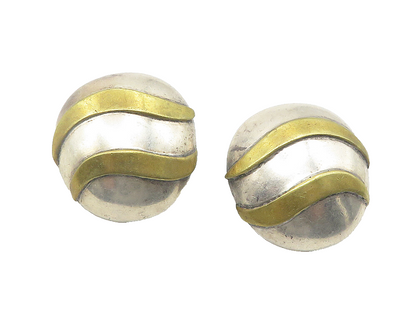 MEXICO 925 Sterling Silver  Vintage Two Tone Dome Non Pierce Earrings  EG6038