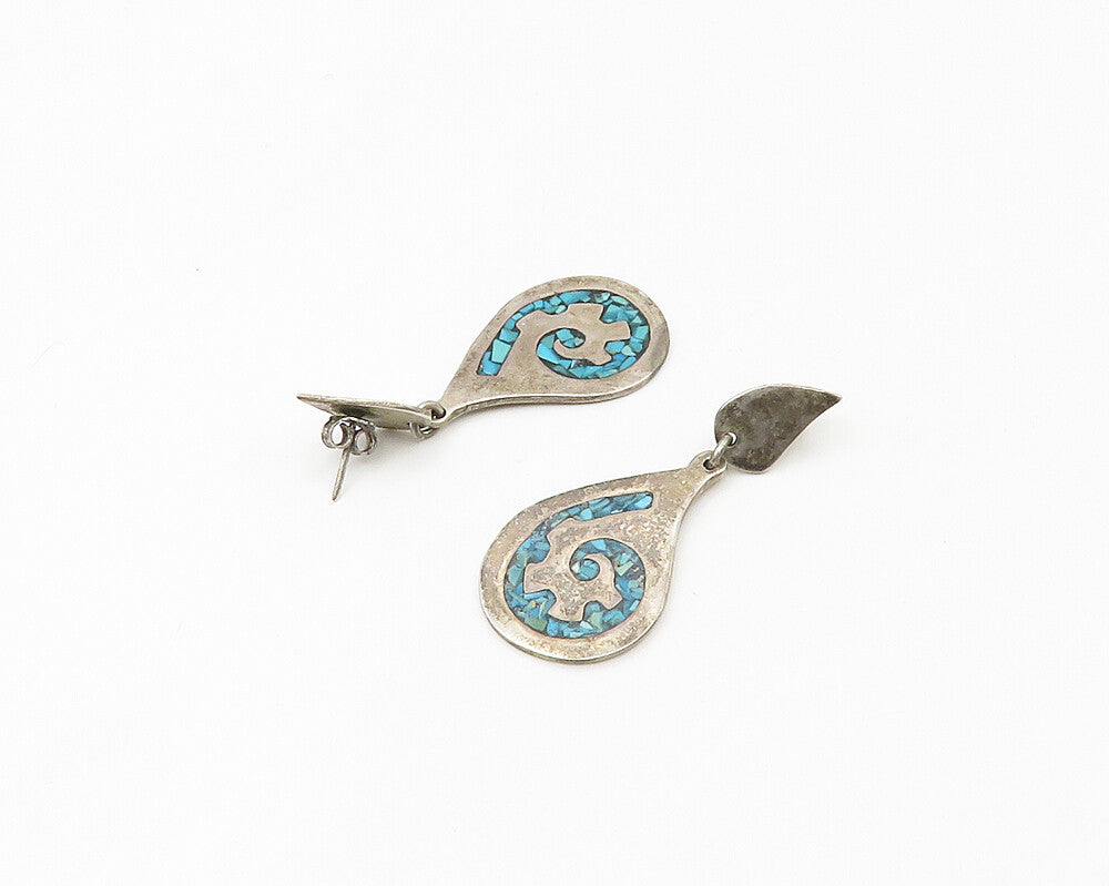 MEXICO 925 Sterling Silver  Vintage Inlaid Turquoise Drop Earrings  EG9439