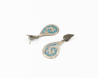 MEXICO 925 Sterling Silver  Vintage Inlaid Turquoise Drop Earrings  EG9439