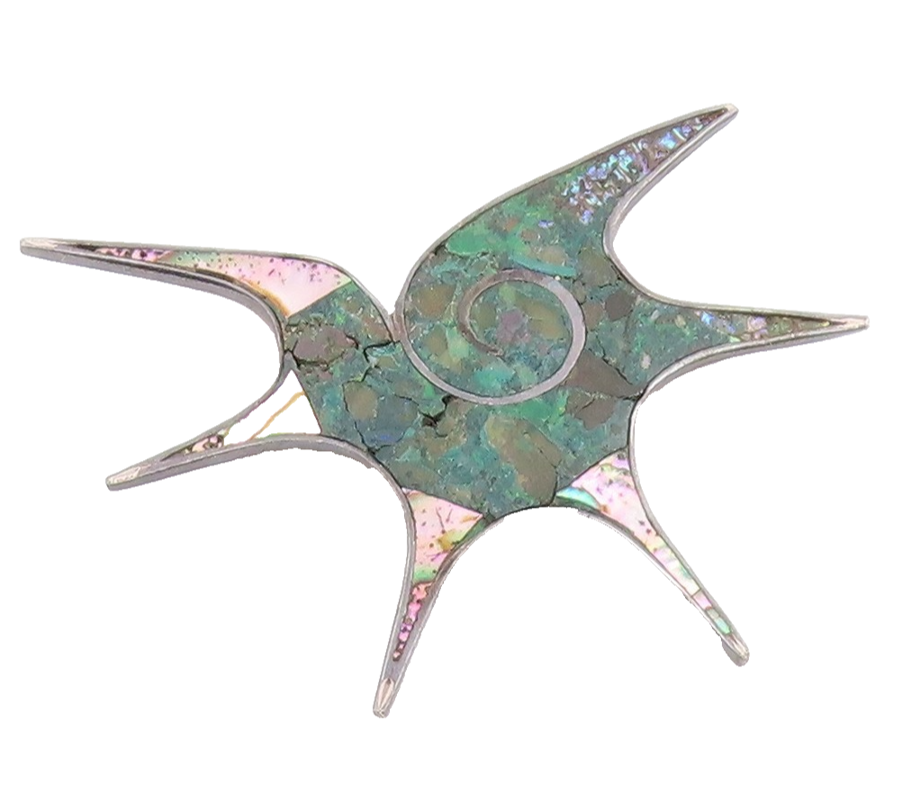 MEXICO 925 Silver  Vintage Abalone & Crushed Chrysocolla Brooch Pin  BP10090