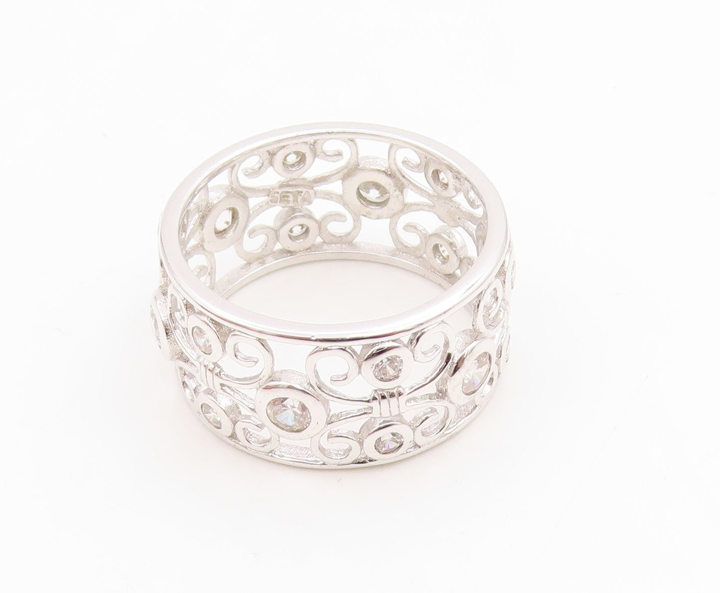 925 Sterling Silver Vintage Ring CZ Intricate Openwork Wide Band  Sz 9  RG35003