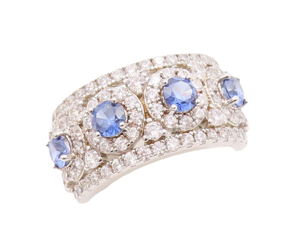 925 Sterling Silver Vintage Ring Round Cut Blue Halo White CZ  Sz 7  RG29494