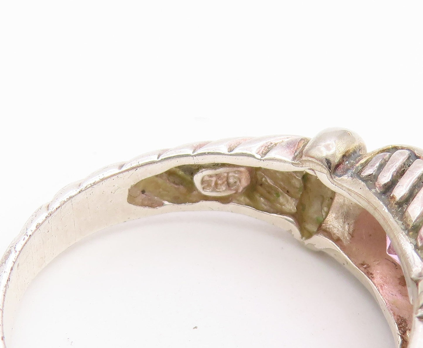 925 Sterling Silver Vintage Ring Pink Topaz Ribbed Statement Band  Sz 8  RG36754