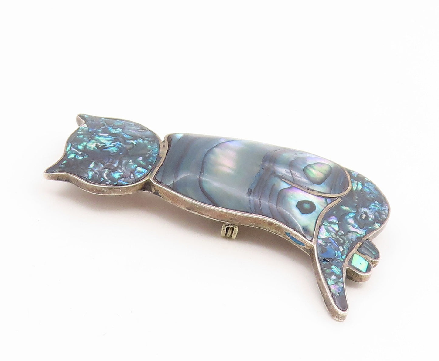 925 Sterling Silver Vintage Brooch Pin TAXCO Abalone Inlay Modernist Cat BP12428
