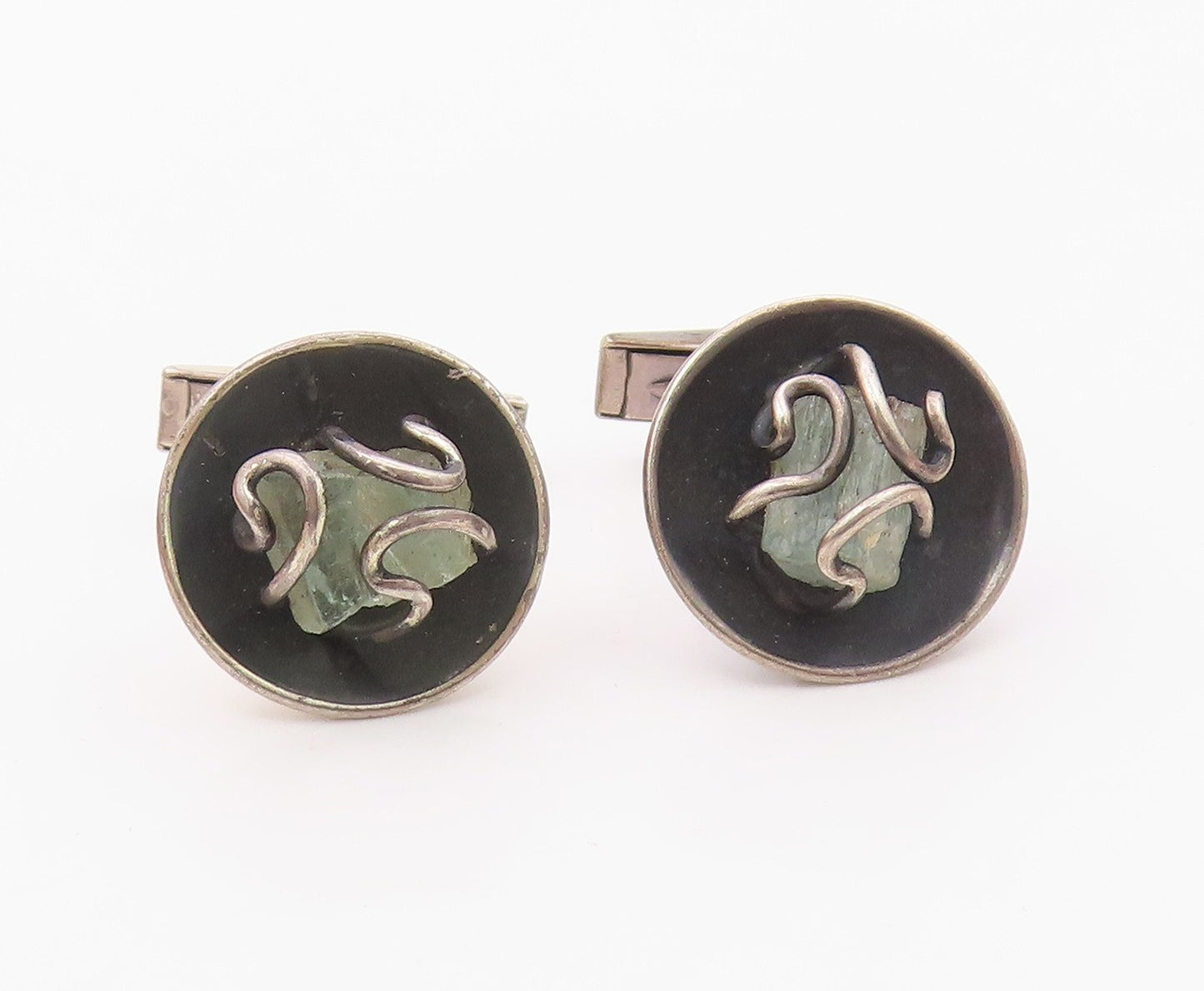 925 Sterling Silver  Vintage Wire Wrapped Quartz Round Cuff Links  TR1825