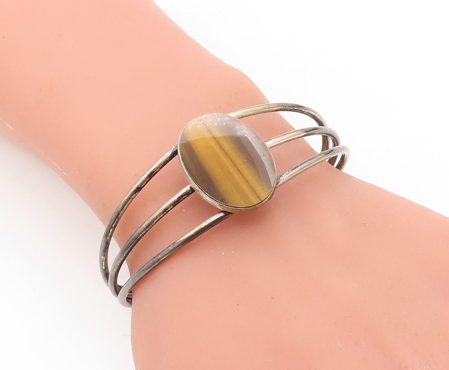 925 Sterling Silver  Vintage Tiger's Eye Split Shank Cuff Bracelet  BT2882