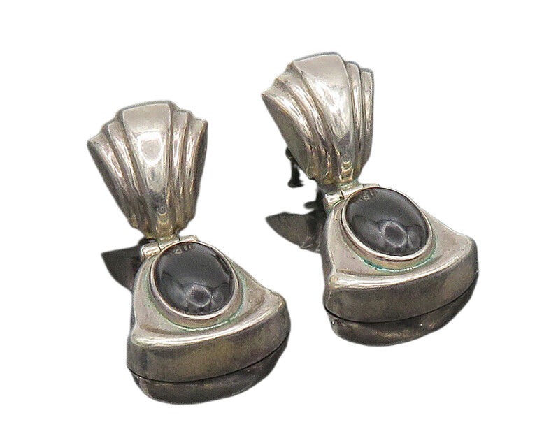MEXICO 925 Sterling Silver  Vintage Cabochon Black Onyx Drop Earrings  EG10508