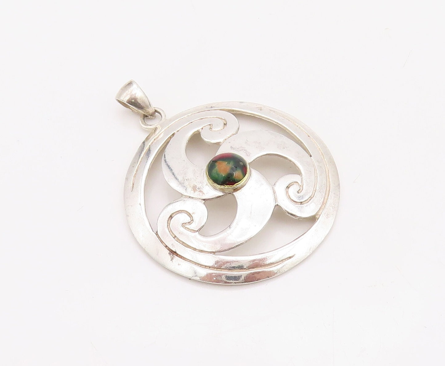 925 Sterling Silver Vintage Pendant Cutout Gemstone Inlay Triskele  PT23503