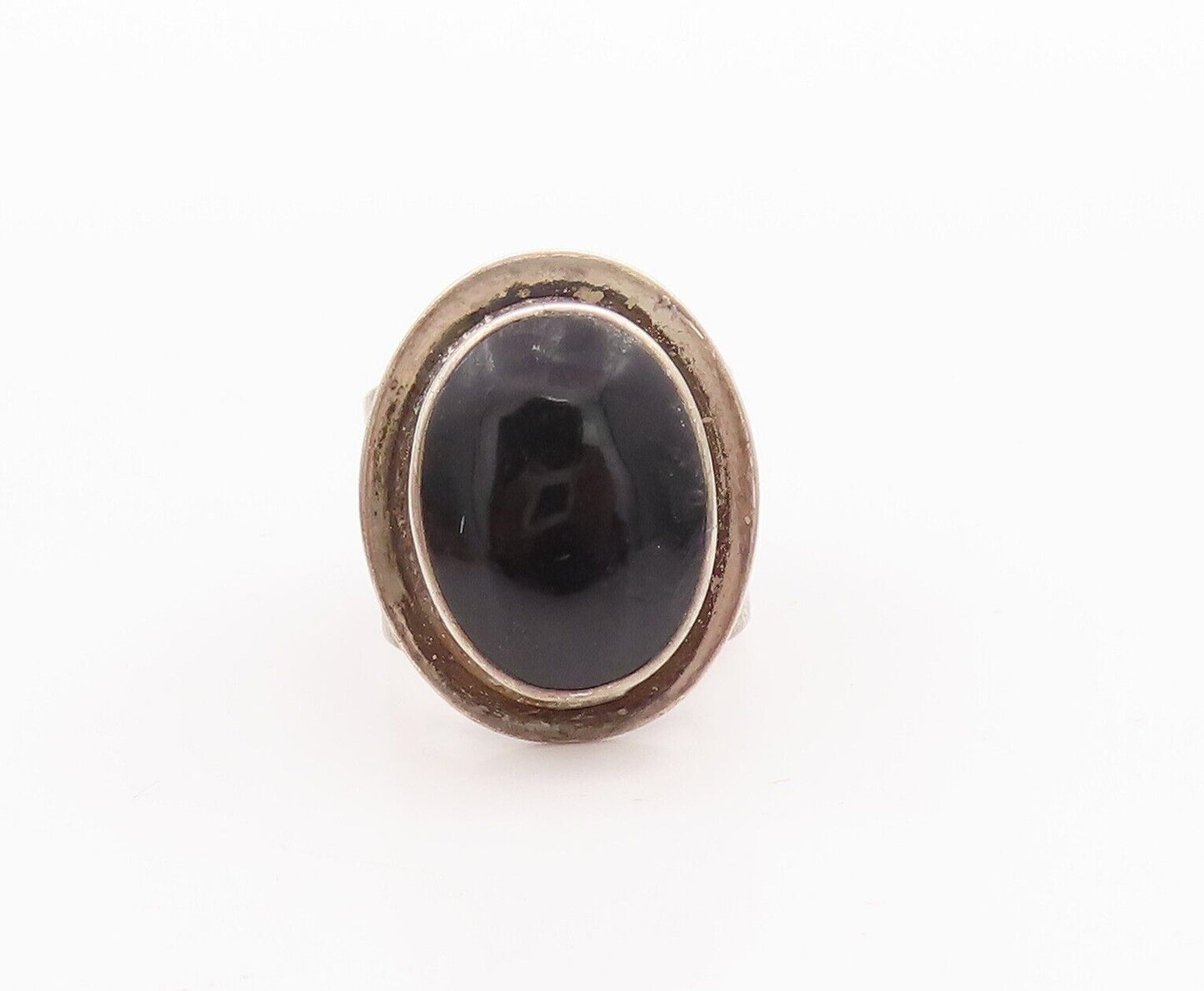 925 Sterling Silver Vintage Ring MEXICO Oval Solid Large Onyx  Sz 8  RG28614