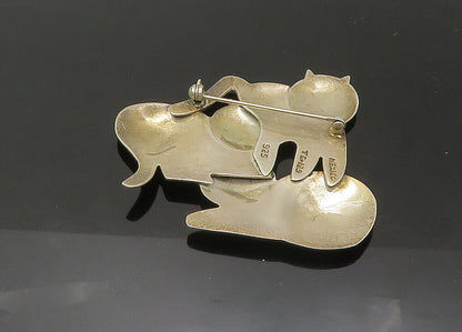 MEXICO 925 Sterling Silver  Vintage Shiny Cat Family Love Brooch Pin  BP8811
