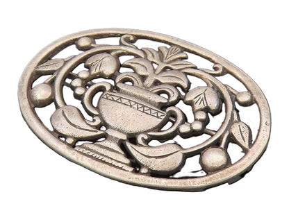 925 Silver  Vintage Antique Plant Vase & Cherry Vine Brooch Pin  BP10254