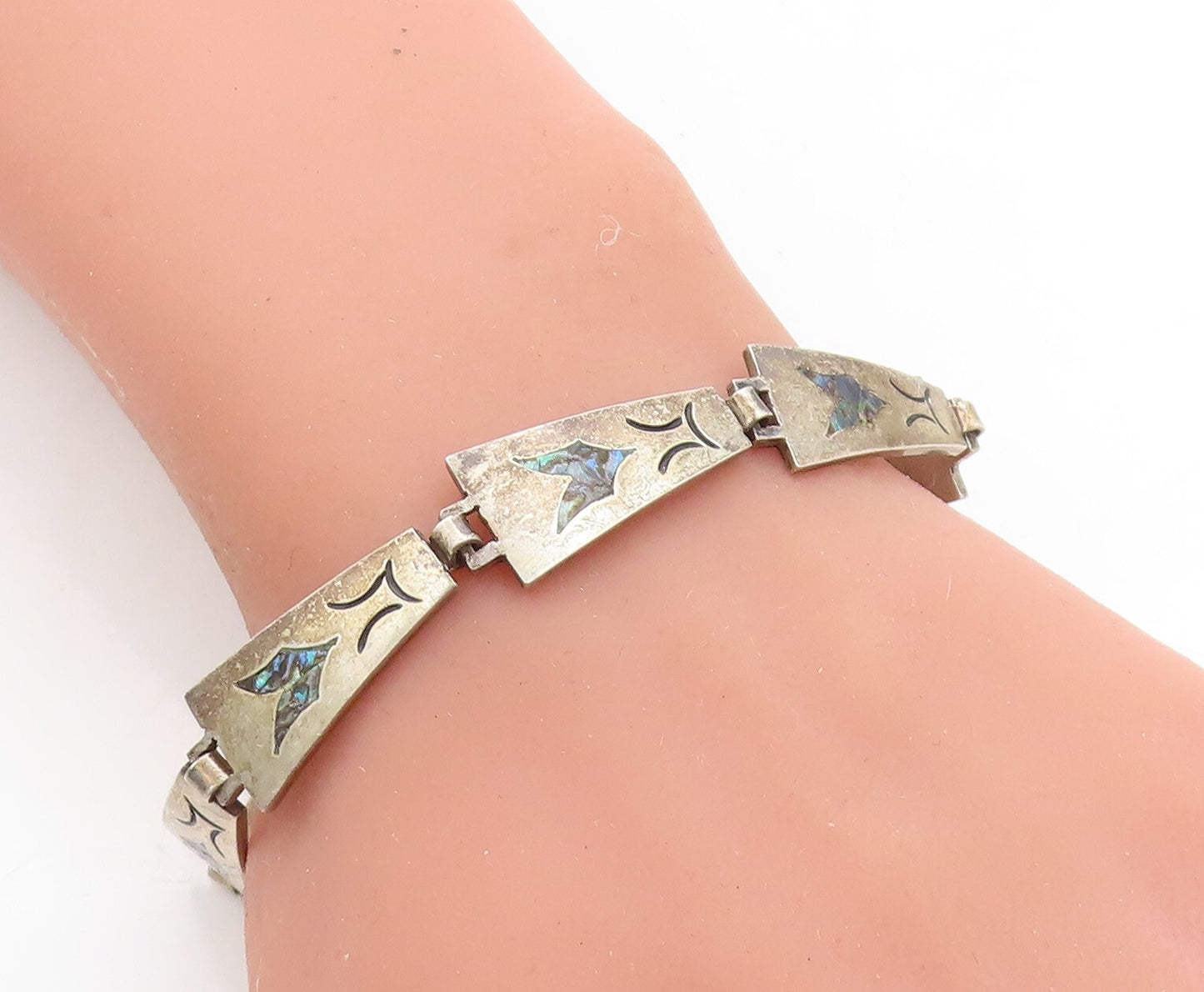 TAXCO MEXICO 925 Silver  Vintage Inlaid Abalone Shell Chain Bracelet  BT2026