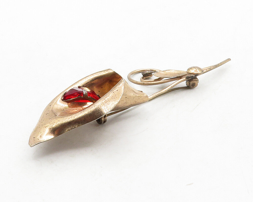 925 Sterling Silver  Vintage Red Topaz Single Flower Motif Brooch Pin  BP4907