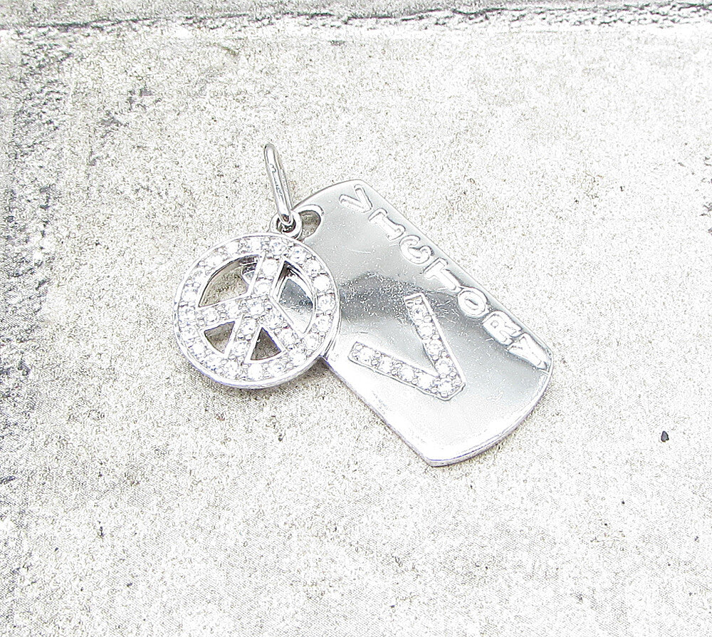 925 Sterling Silver  Cubic Zirconia Peace & Victory Tag Drop Pendant  PT1368