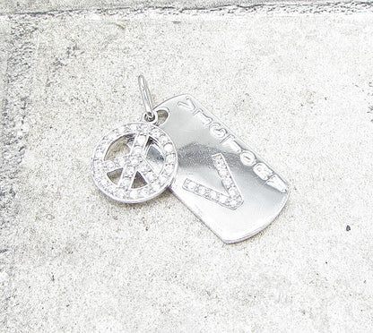 925 Sterling Silver  Cubic Zirconia Peace & Victory Tag Drop Pendant  PT1368