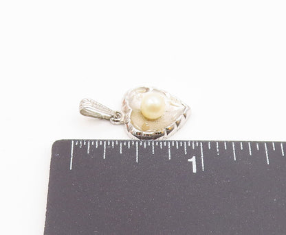 925 Sterling Silver  Vintage Cultured Pearl Concave Love Heart Pendant PT21154