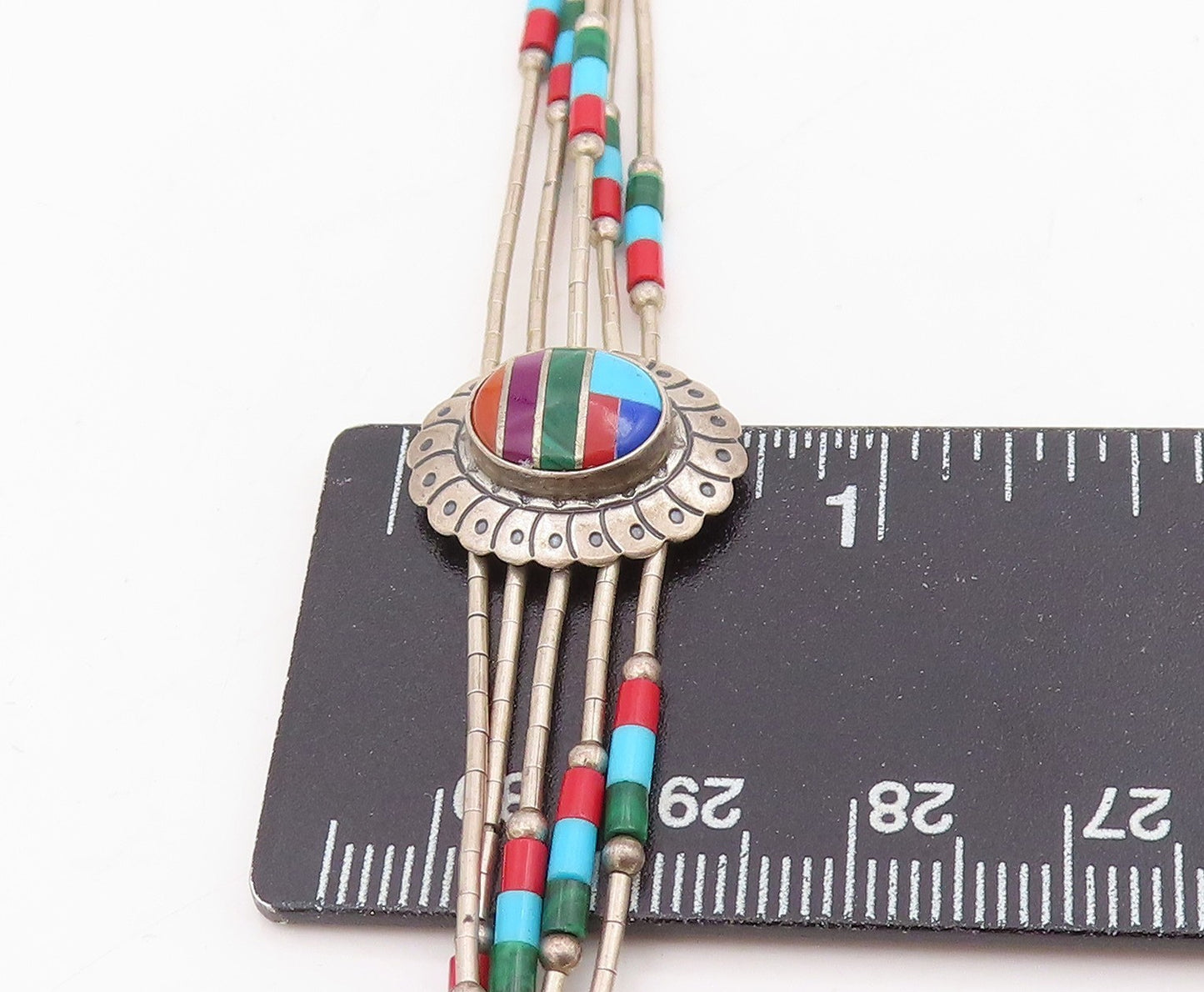 925 Sterling Silver Vintage Bracelet SOUTHWESTERN Multi Gemstone Inlay BT11526