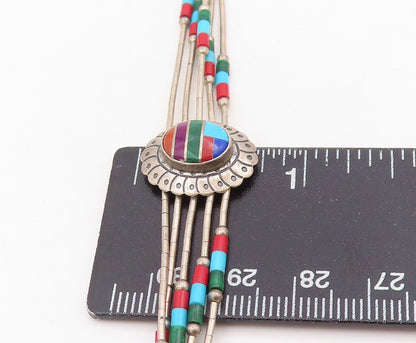 925 Sterling Silver Vintage Bracelet SOUTHWESTERN Multi Gemstone Inlay BT11526