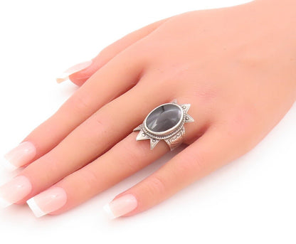 925 Sterling Silver Vintage Ring Solid Sun Carved Oval Onyx Inlay  Sz 6  RG28532