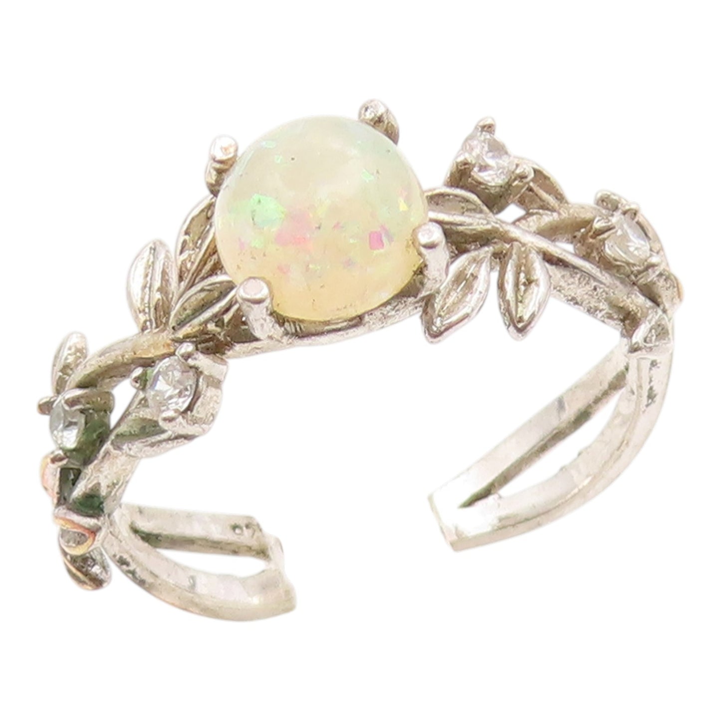 925 Sterling Silver Vintage Ring Opal & Topaz Floral Leaf Band  Sz 9  RG35848
