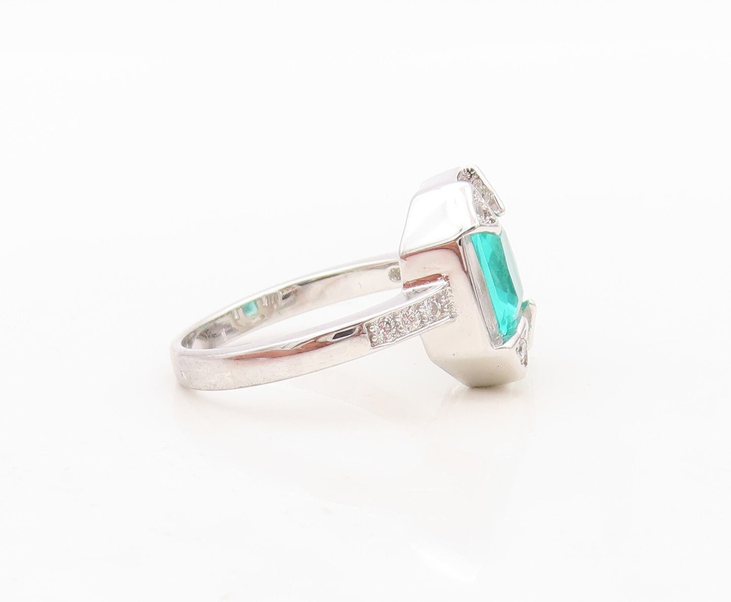 925 Sterling Silver Vintage Ring Rectangle Sea Green Halo White CZ  Sz 7 RG30409