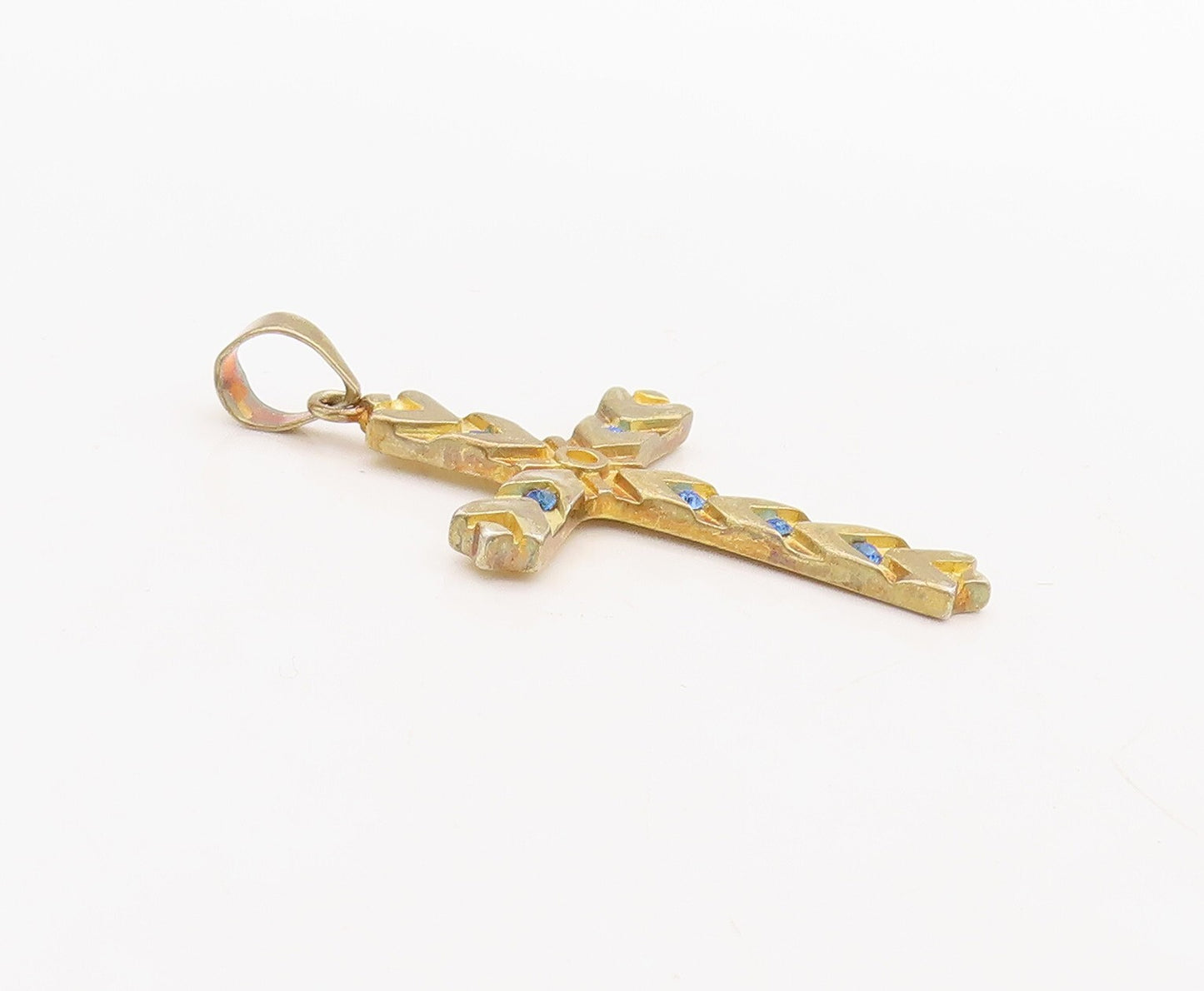 925 Sterling Silver Vintage Pendant Gold Plated CZ Inlay Carved Cross  PT23645