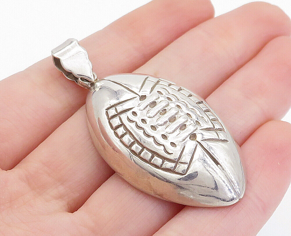 925 Sterling Silver  Vintage Shiny Etched Hollow Football Motif Pendant PT3254