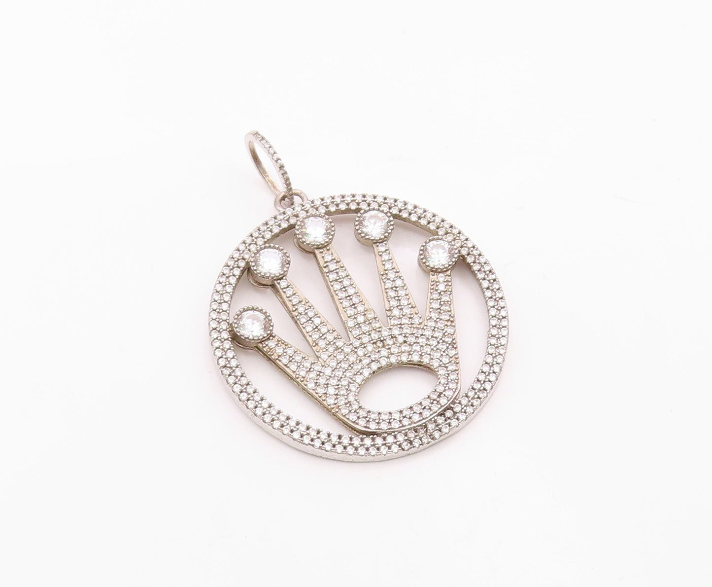 925 Sterling Silver  Vintage Cubic Zirconia Royal Crown Motif Pendant  PT15845