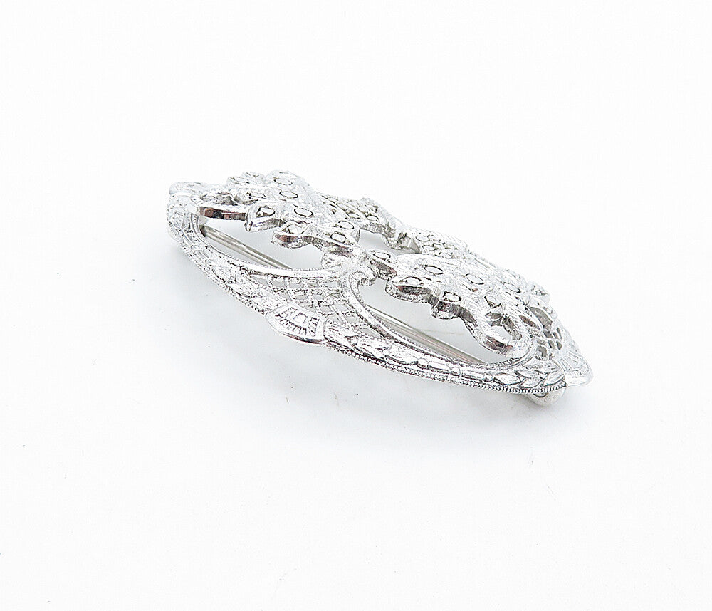 925 Sterling Silver  Vintage Sparkling Double Flower Basket Brooch Pin  BP1752