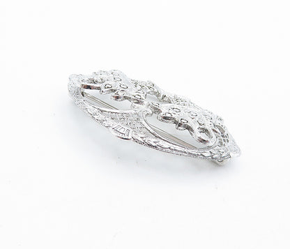 925 Sterling Silver  Vintage Sparkling Double Flower Basket Brooch Pin  BP1752