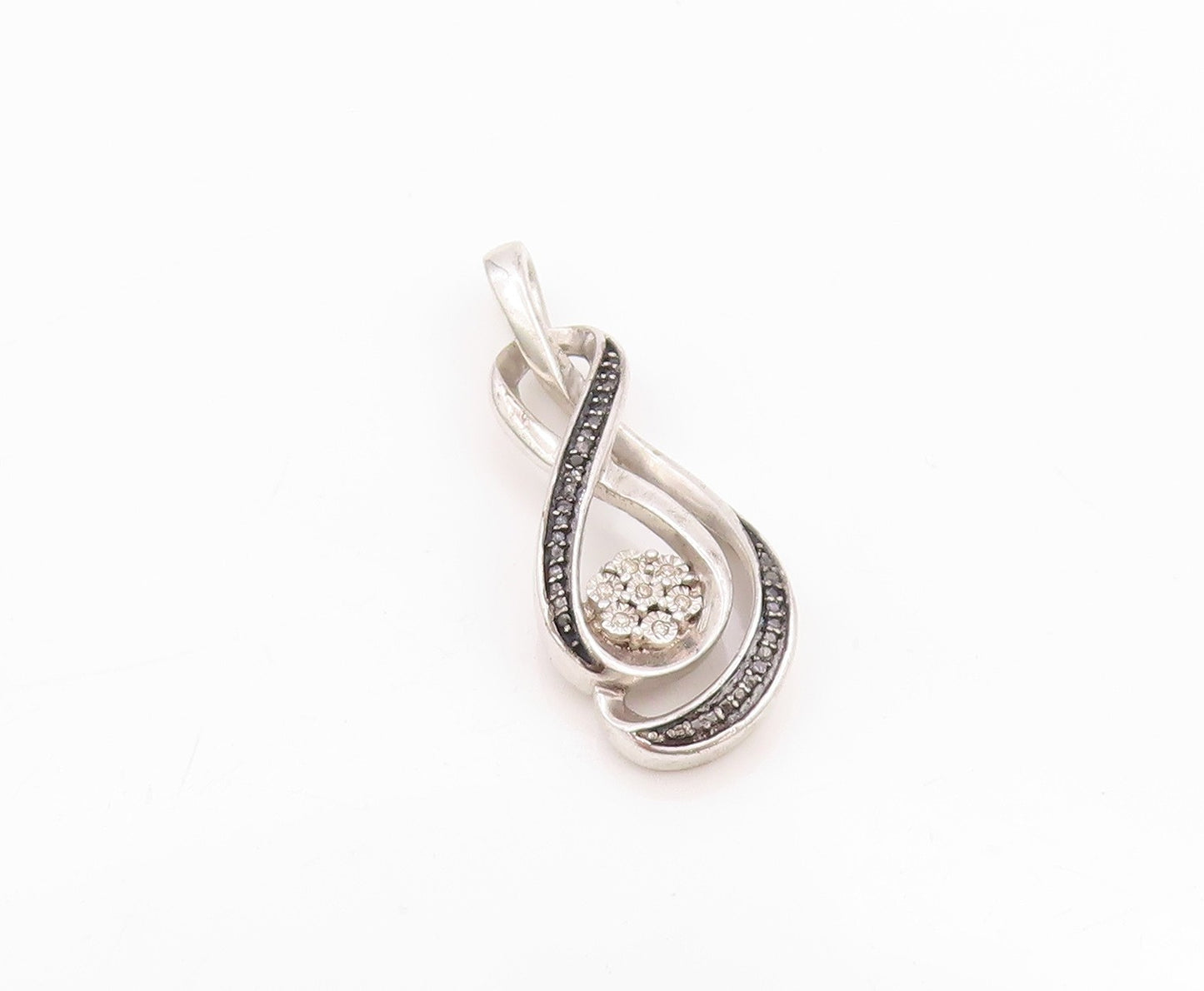 925 Sterling Silver Vintage Pendant Black White Diamonds Infinity Flower PT24504