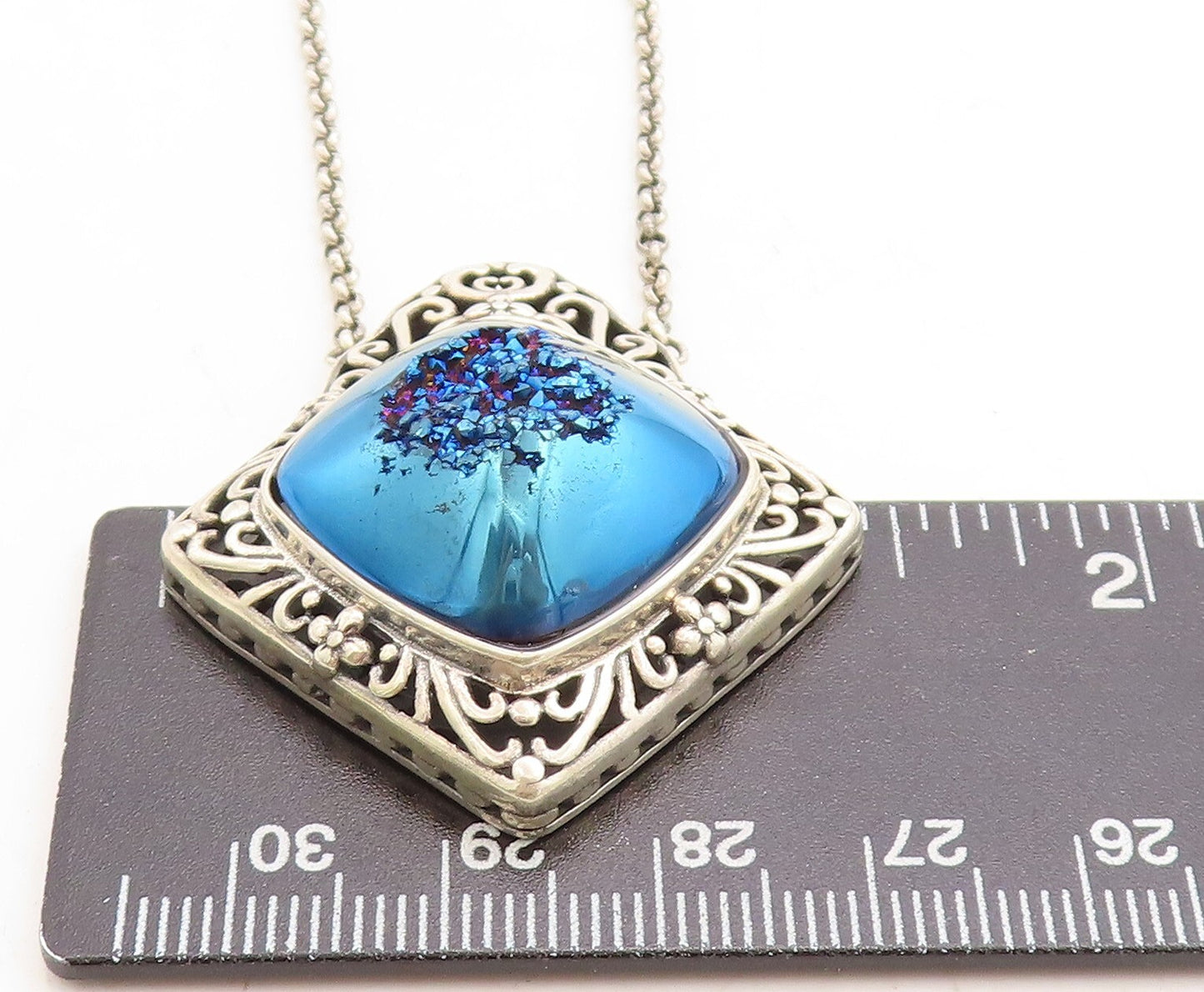 BERIA 925 Silver  Vintage Blue Druzy Stone Floral Swirl Chain Necklace  NE1324