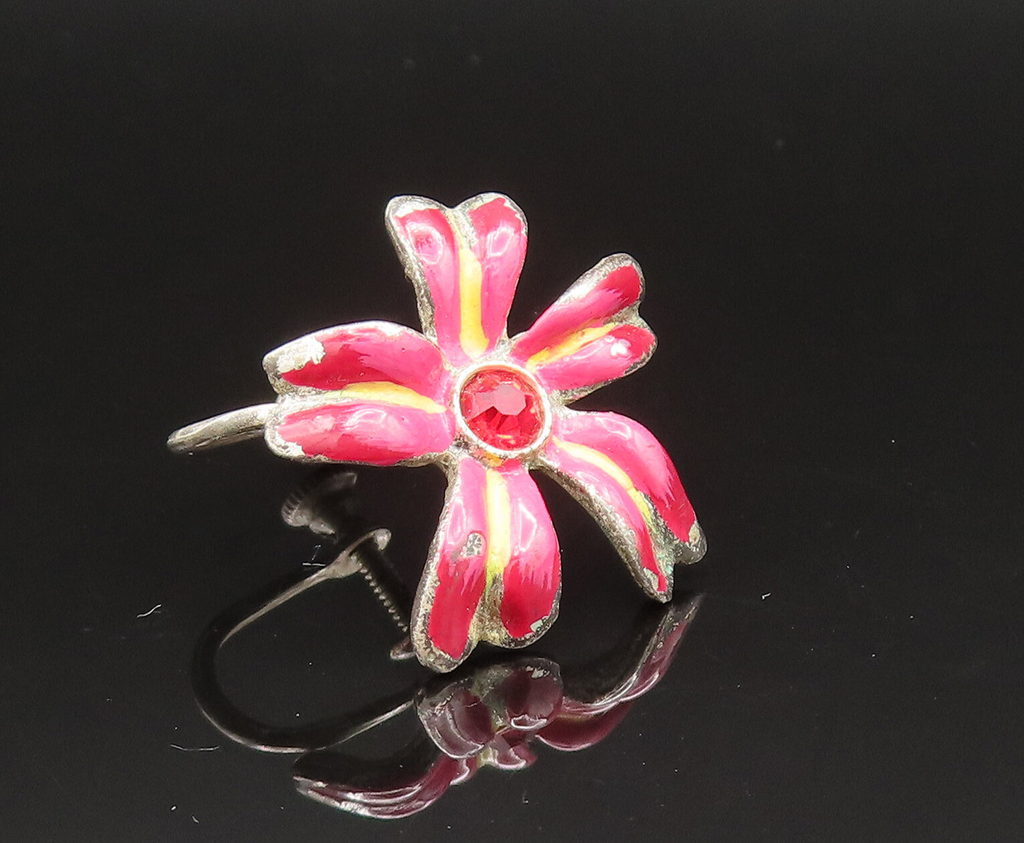 925 Silver  Vintage Enamel & Red Spinel Floral Screw Back Earrings  EG11733