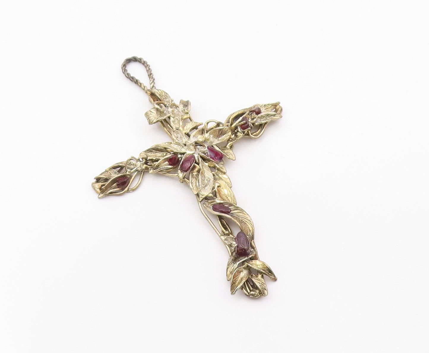 925 Sterling Silver Vintage Large Garnet Leaf Religious Cross Pendant PT21019