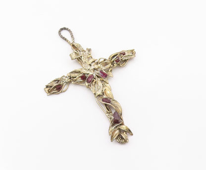 925 Sterling Silver Vintage Large Garnet Leaf Religious Cross Pendant PT21019