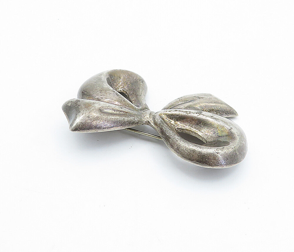MEXICO 925 Sterling Silver  Vintage Dark Tone Ribbon Bow Brooch Pin  BP1320
