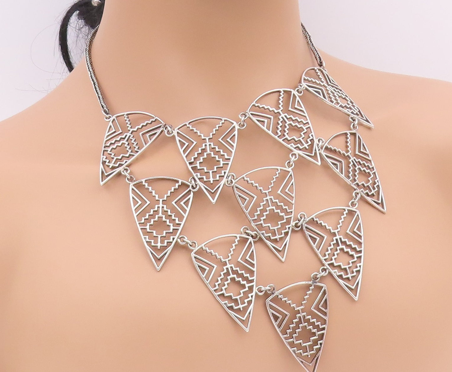 925 Sterling Silver  Vintage Shiny Open Geometric Chain Necklace  NE3721
