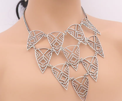 925 Sterling Silver  Vintage Shiny Open Geometric Chain Necklace  NE3721